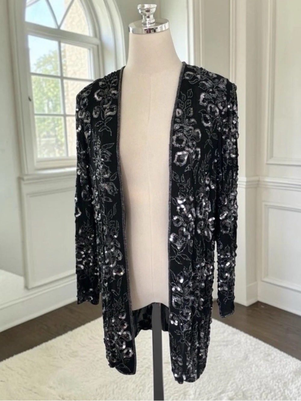 Oleg Cassini Black Tie Vintage Sequined Beaded Jacket Duster Small